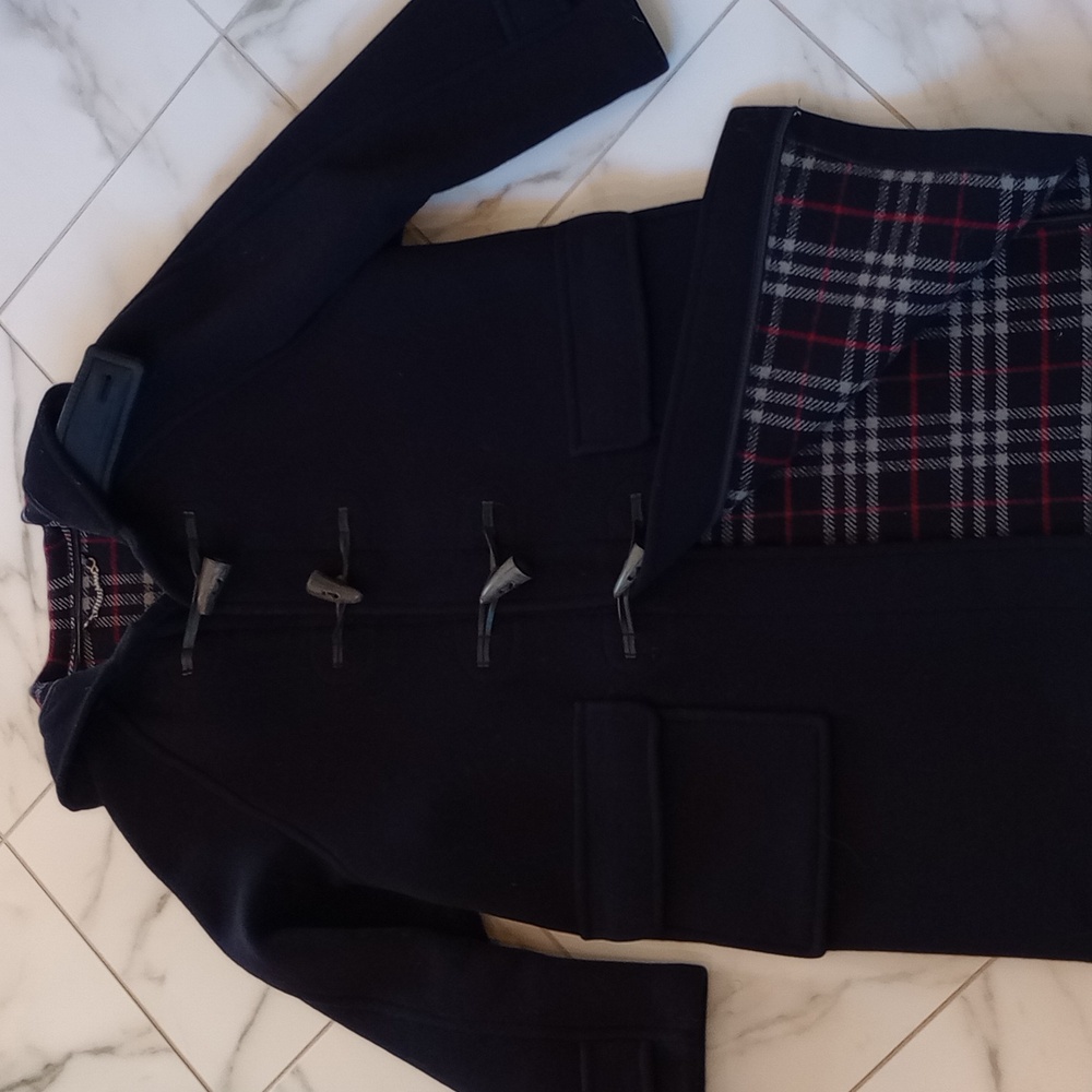 Burberry Blue Label Duffle Coat Nova Check Navy Gray Red 100% Melton Wool Small